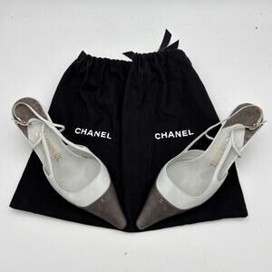 VTG Chanel CC Logo Leather Slingbacks Point Toe Kitten Heels Women's 37.5 US 7.5